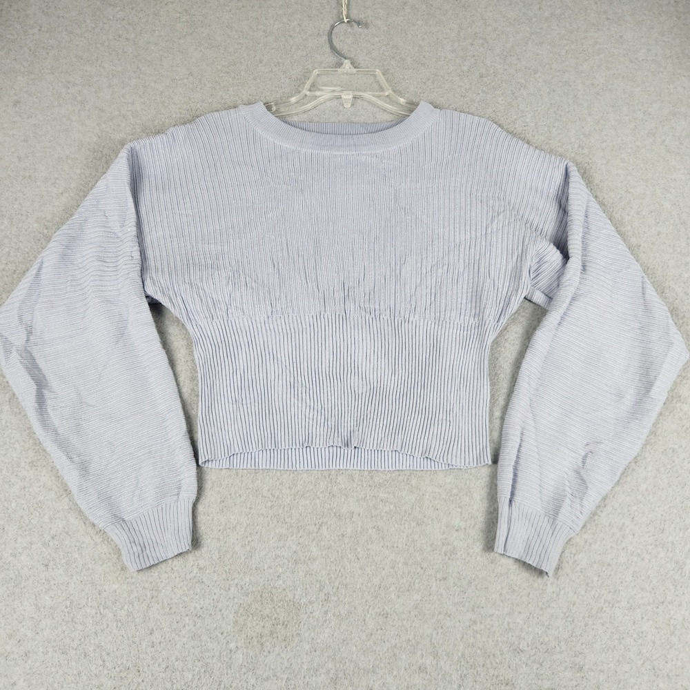 Pink Rose Cropped Sweater Womens Medium Blue Ribbed Knit Long Sleeve Crew Neck